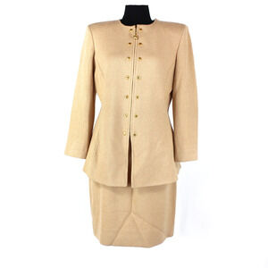 St. John Collection Blazer Skirt Set Tan Woven Wool Blend Straight Mini Skirt 10